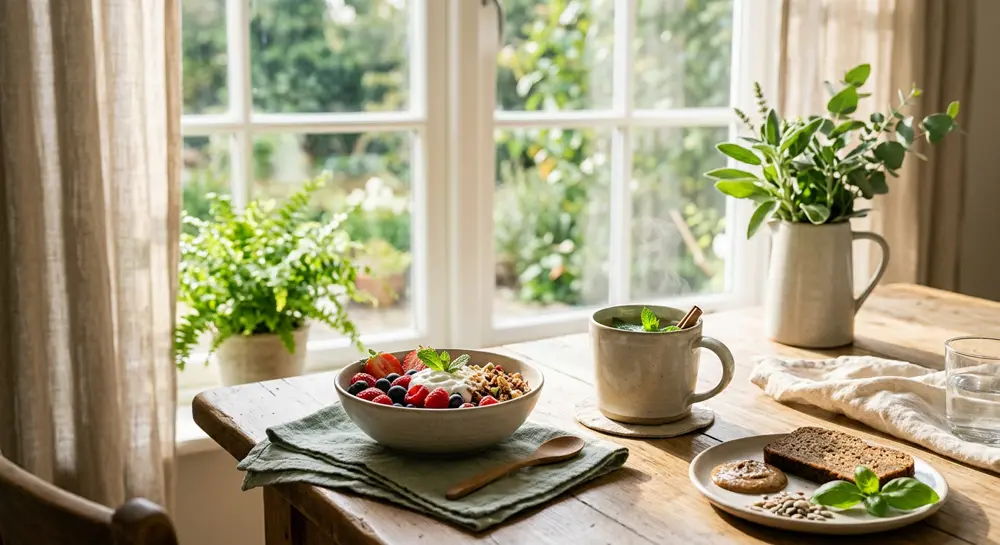 Healthy breakfast table with berries and herbal tea in morning light